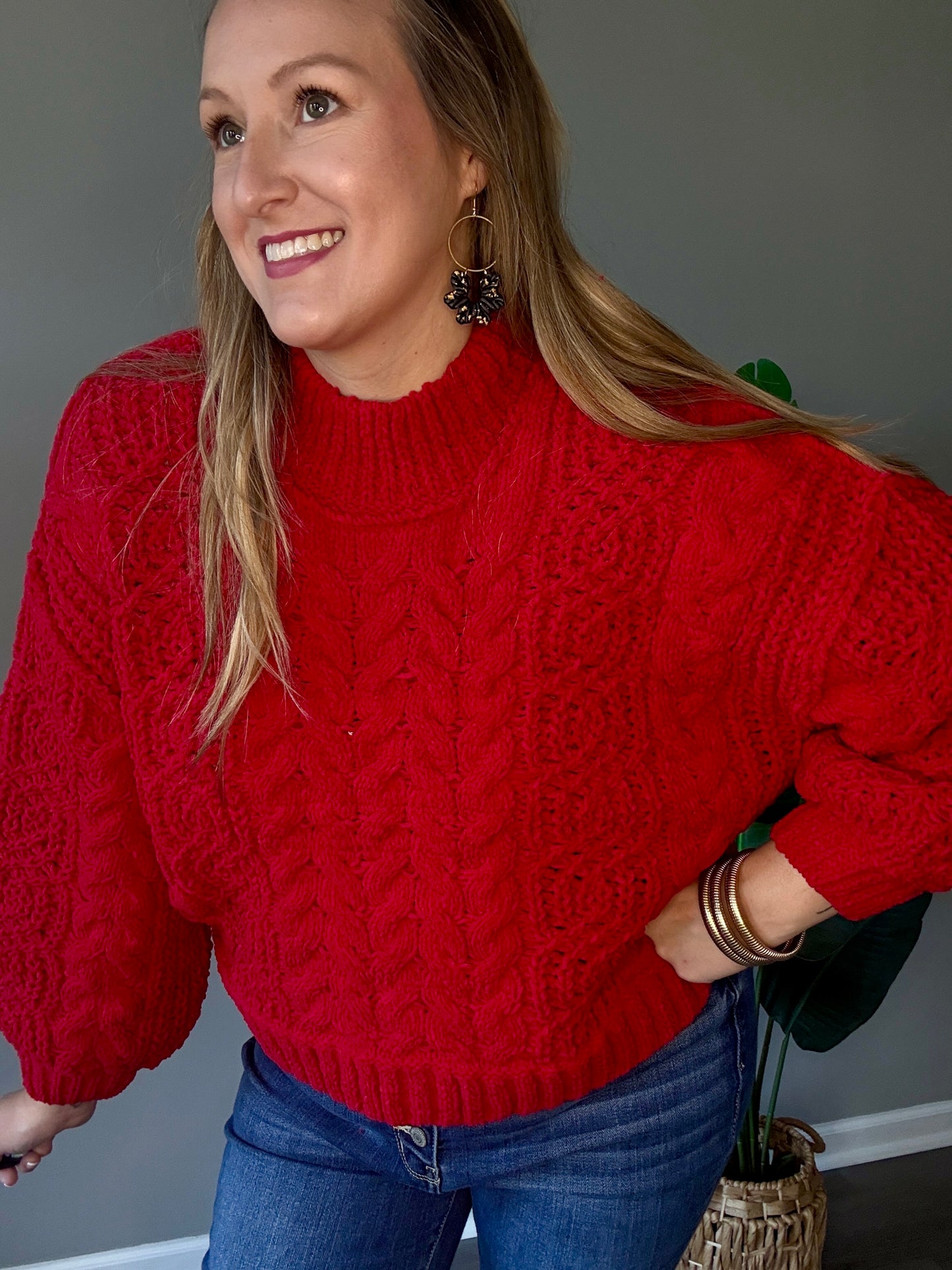 Ruby Red Cable Knit Sweater