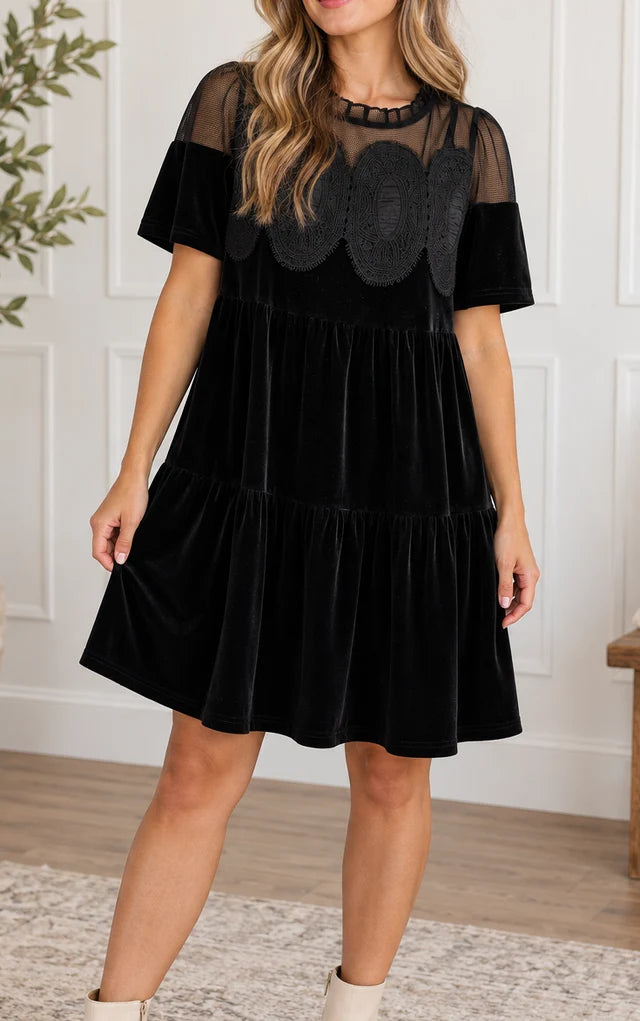 *PREORDER* Black Embroidered Velvet Dress