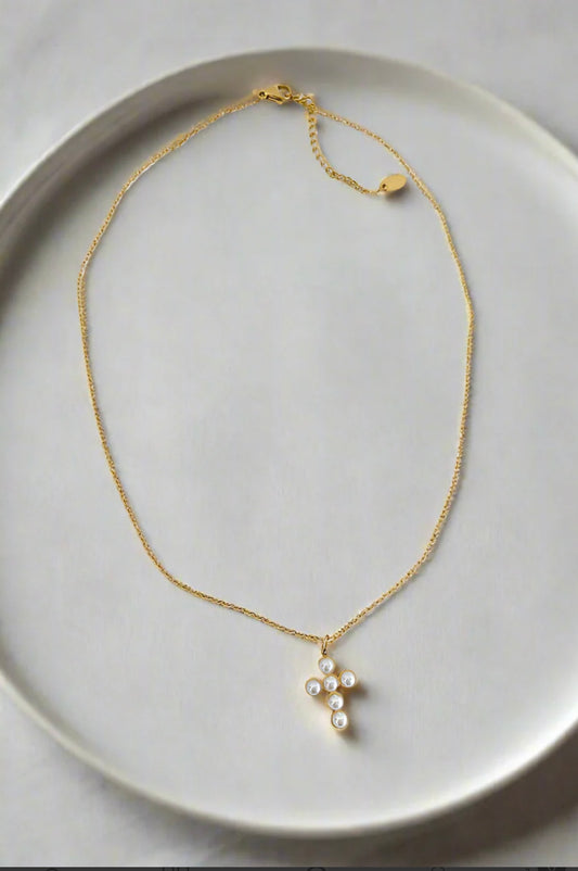 Lucy Gold Pearl Cross Necklace