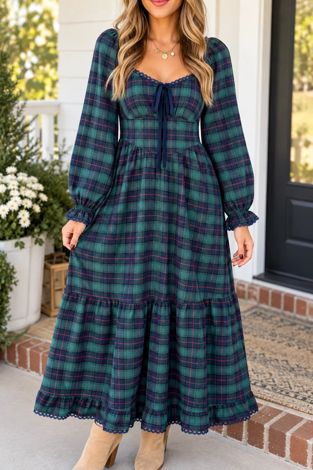 *PREORDER* Green Plaid Lace Trim Dress