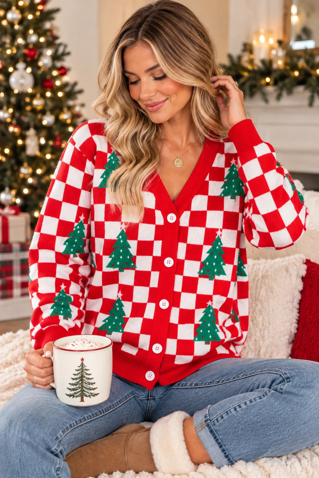 *PREORDER* Red Checkered V Neck Cardigan Sweater