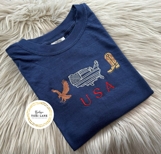 USA With Boots Embroidery Tee/Sweatshirt