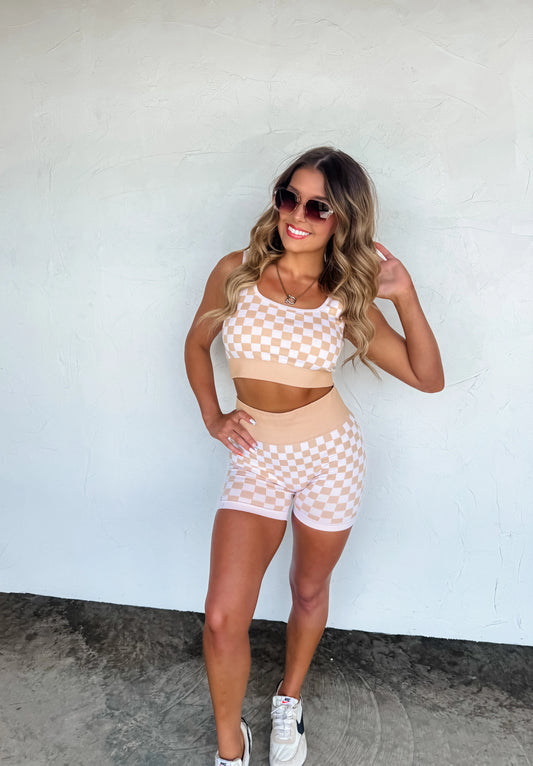 Beige Checker Bra & Biker Short Set