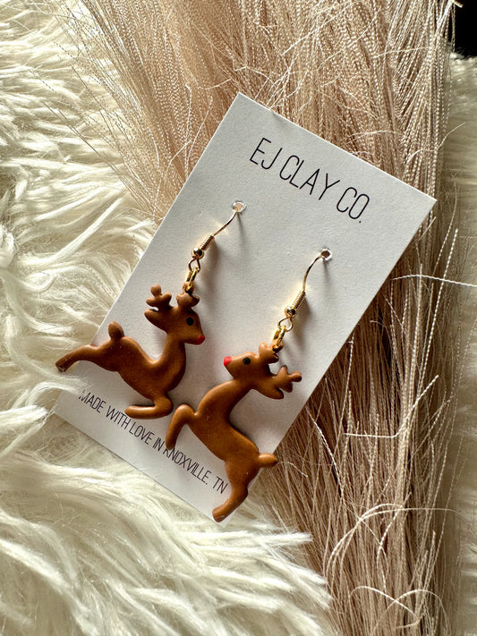 Red Nose Deer Clay Earrings