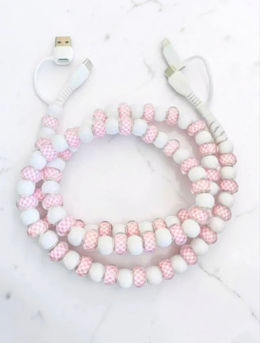 Pink Gingham And White Beaded Charger