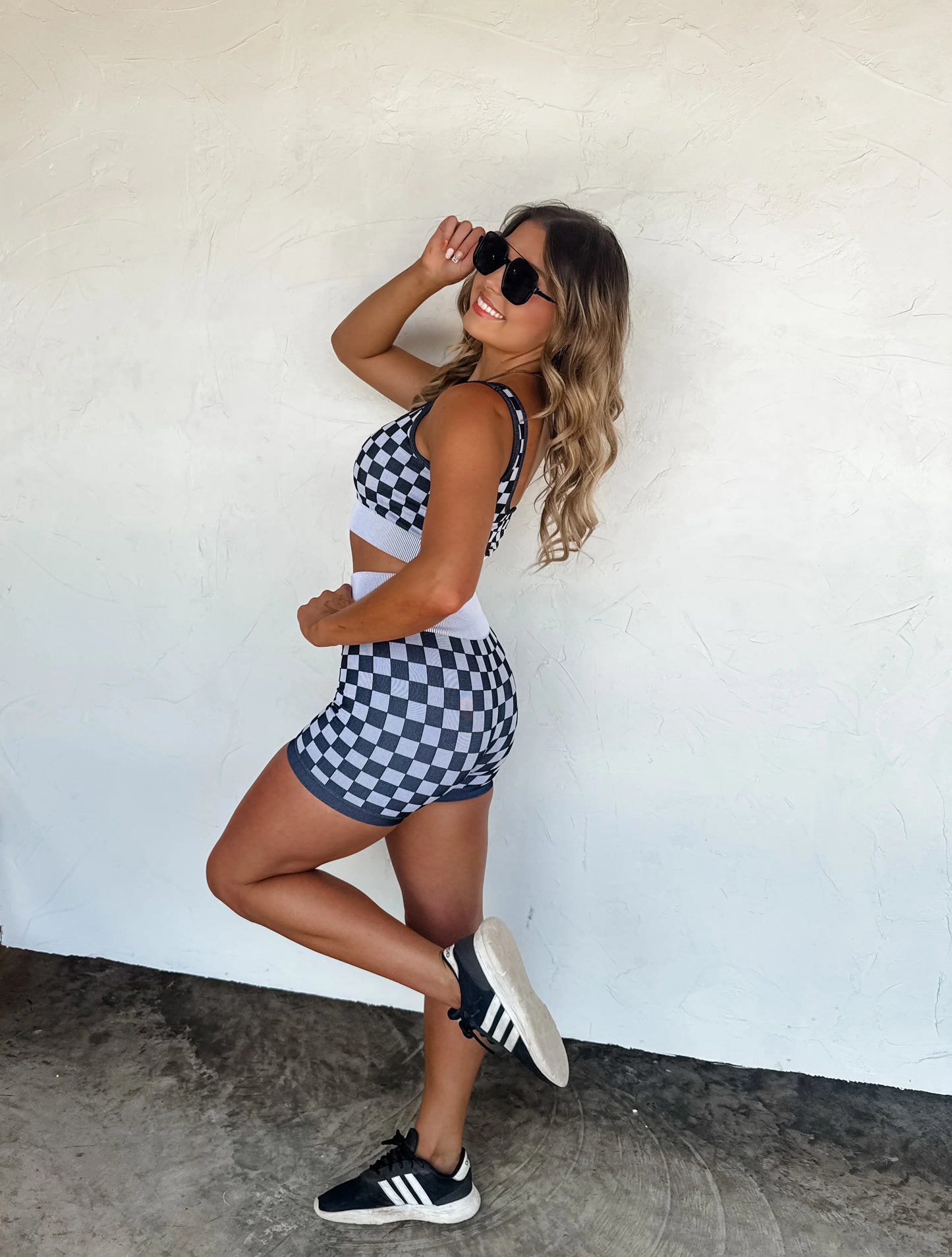 Black Checker Bra & Biker Short Set