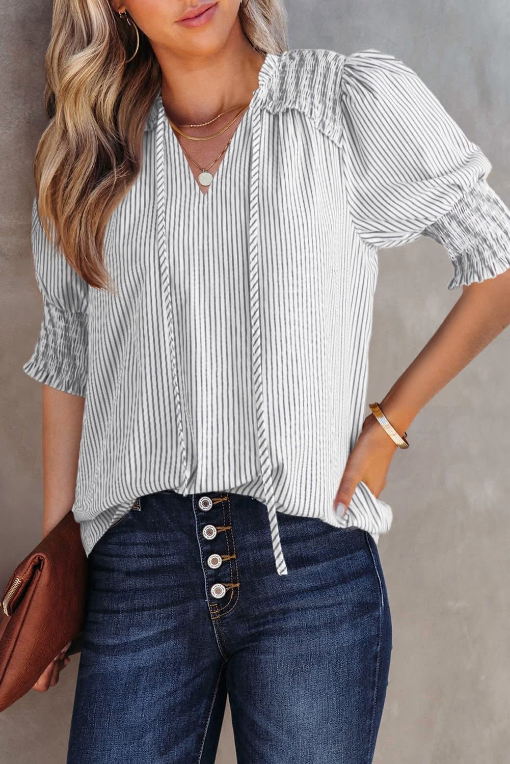 PREORDER Gray Stripe Shirred Blouse
