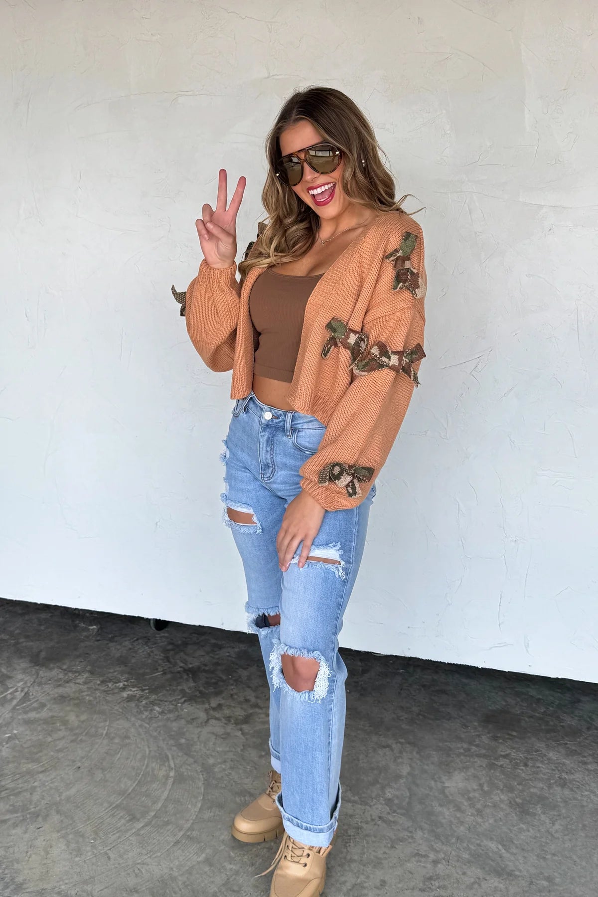 Camo Bow Knit Cardigan Plus+