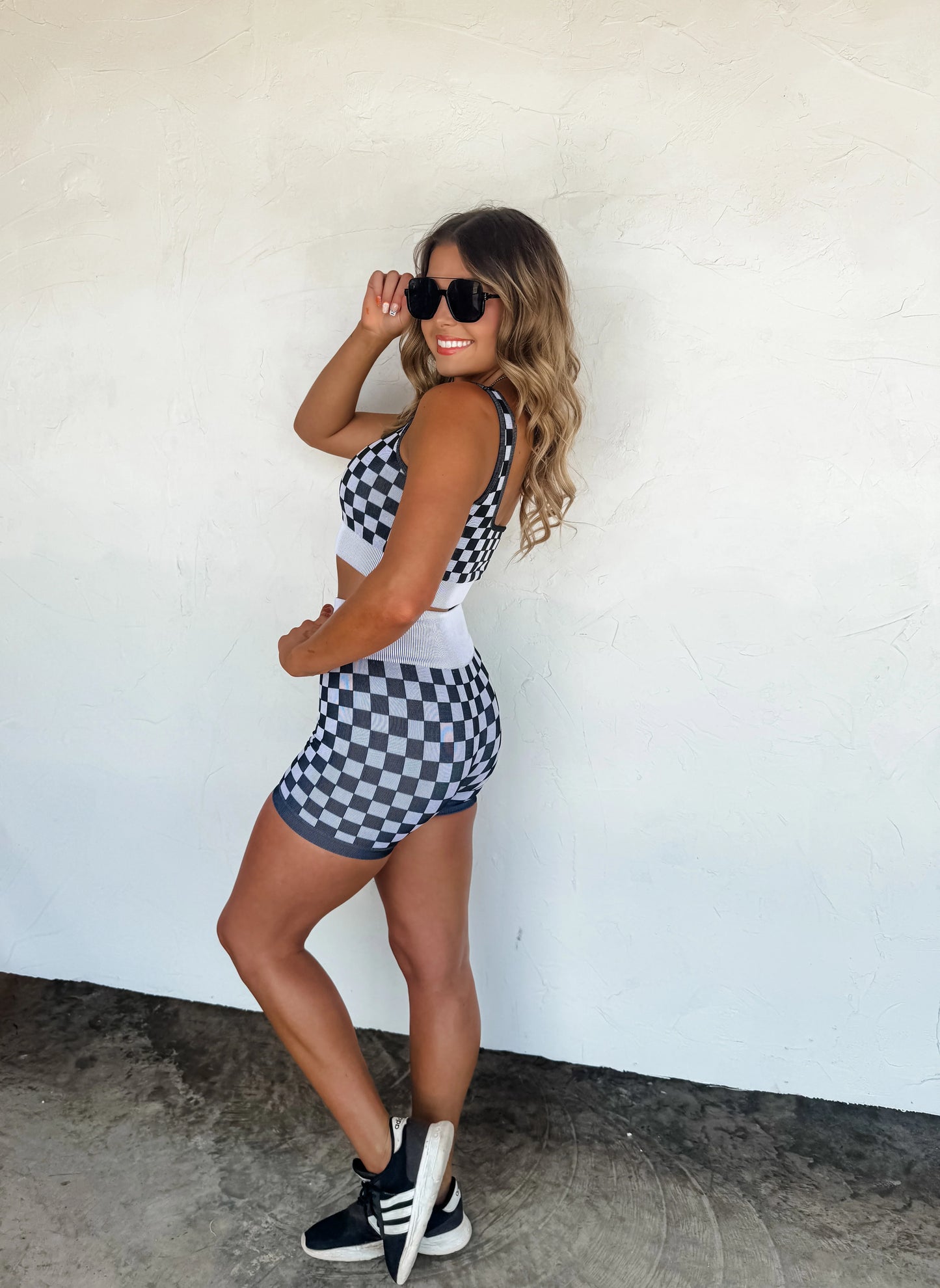 Black Checker Bra & Biker Short Set