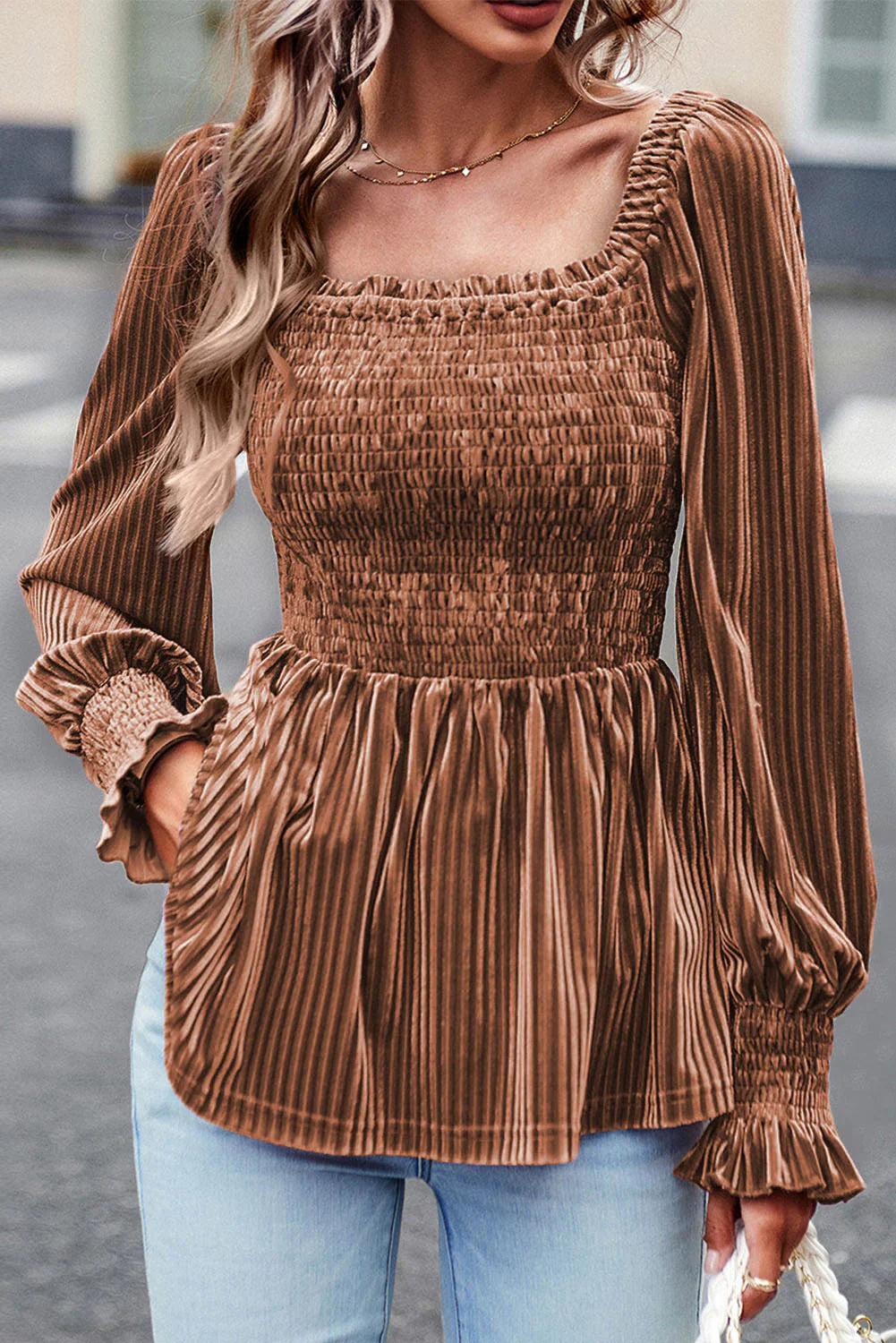 Chestnut Ribbed Velvet Babydoll Top