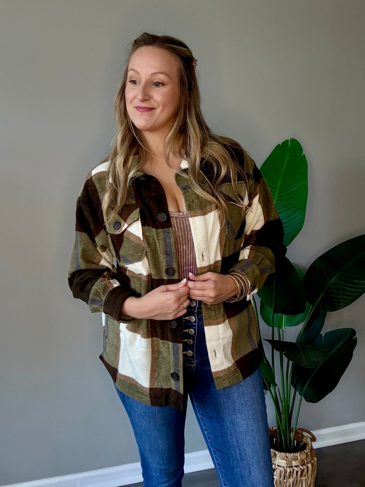 Olive Oversized Plaid Shacket