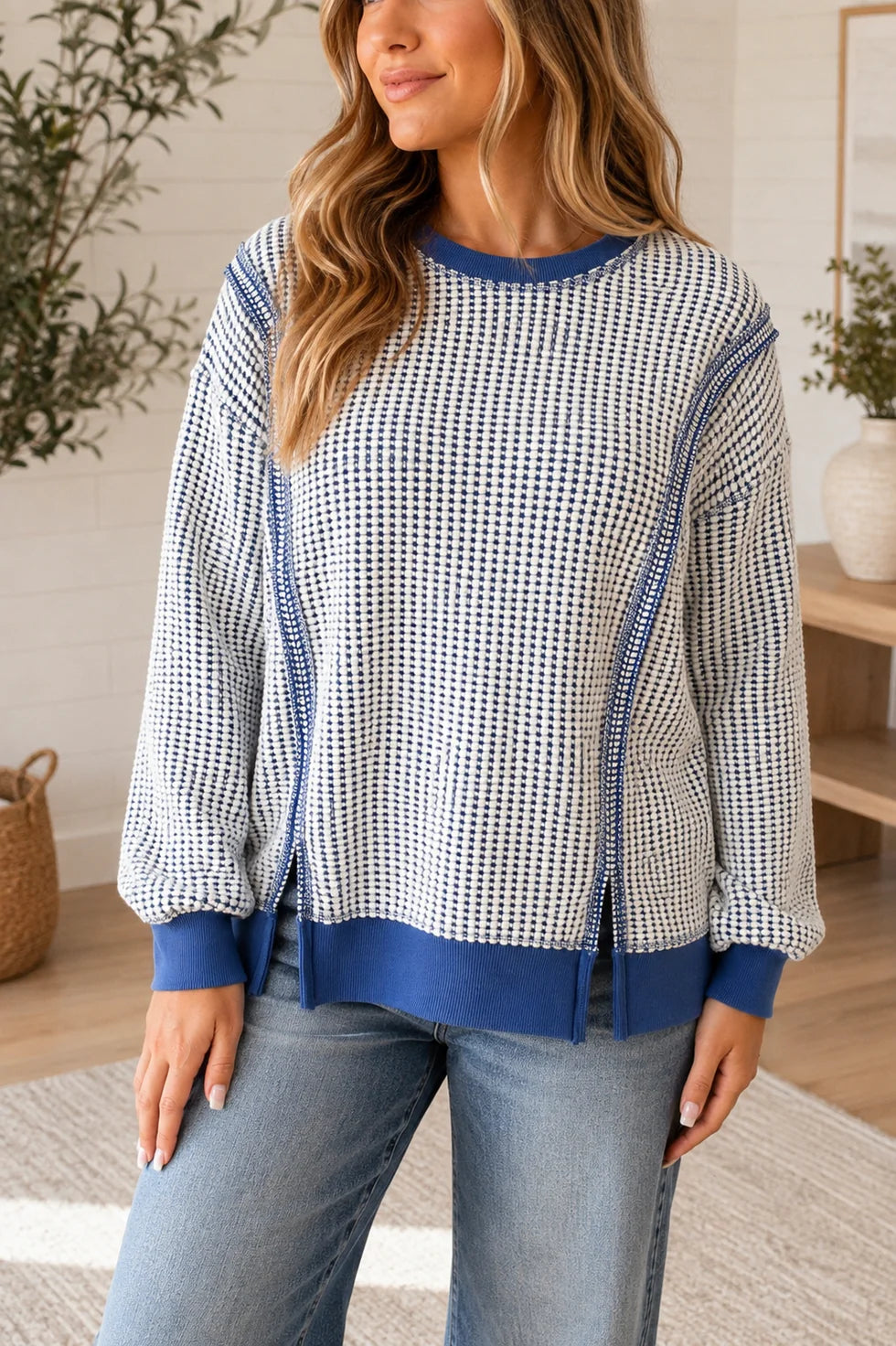 *PREORDER* Royal Blue Knit Waffle Stitching Top