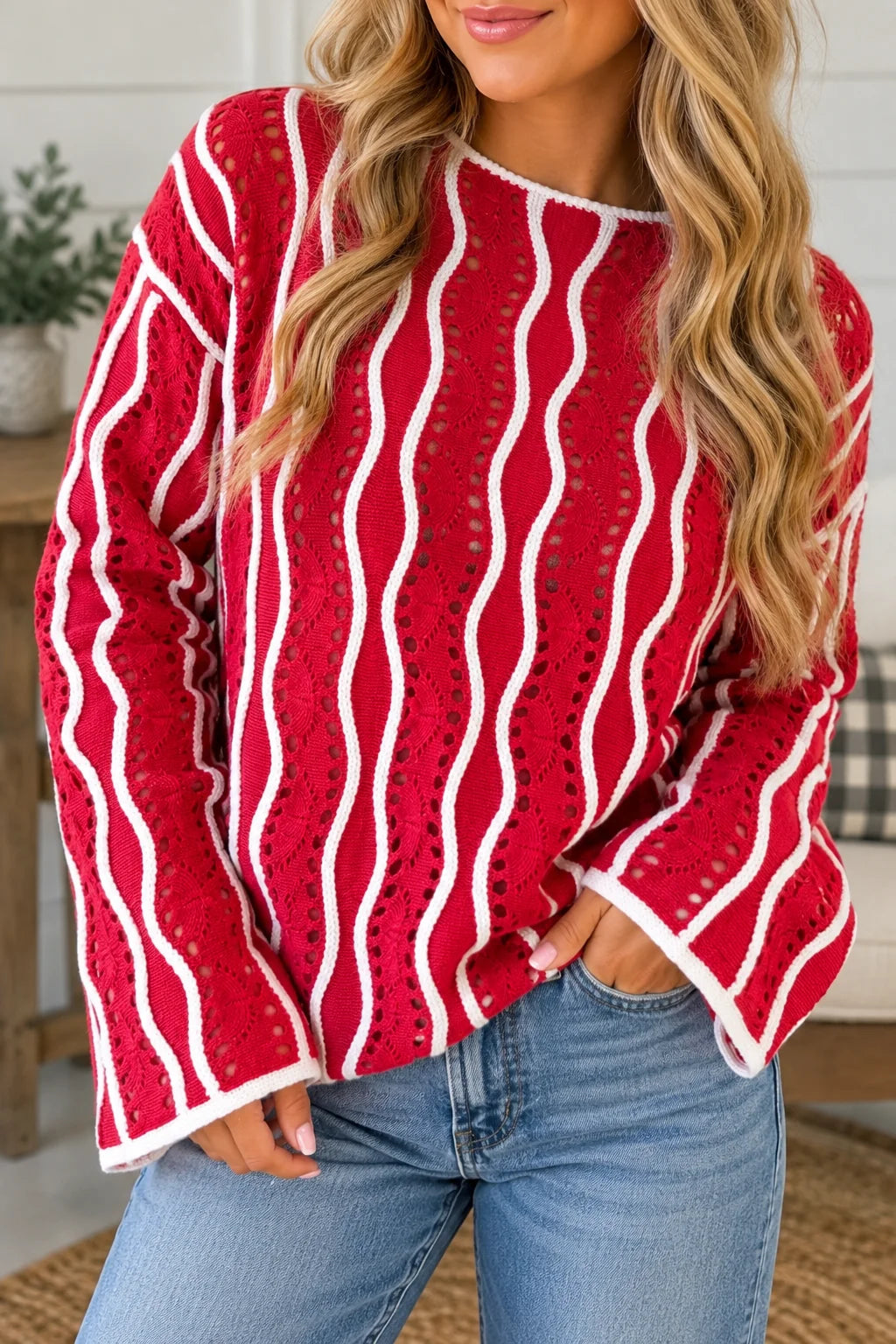 *PREORDER* Wavy Detail Hollow Knit Sweater