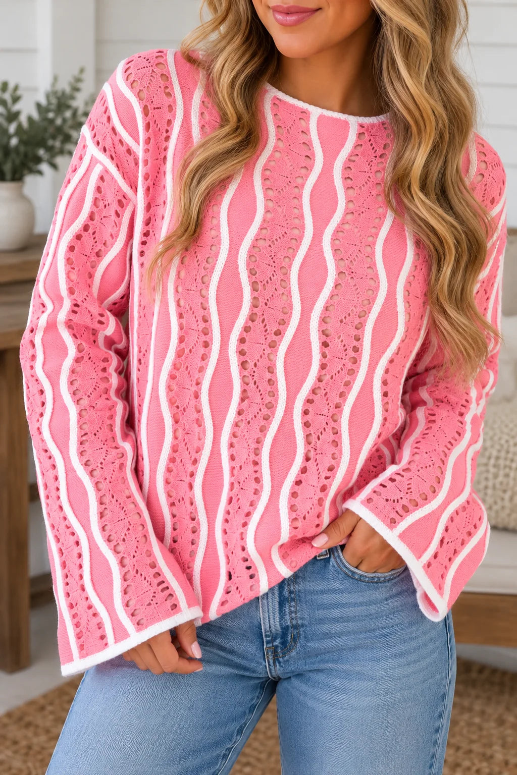 *PREORDER* Wavy Detail Hollow Knit Sweater