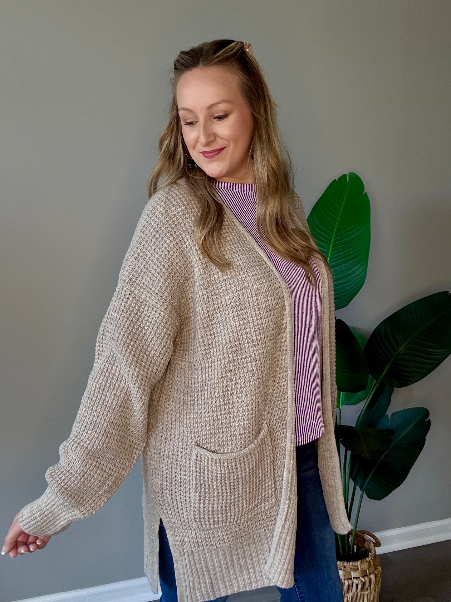 Mocha Waffle Knit Cardigan Plus+