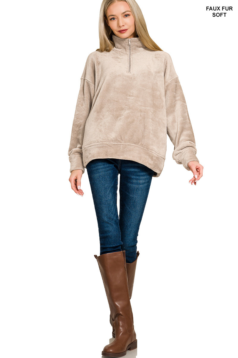 Ash Mocha Faux Fur Half Zip Pullover