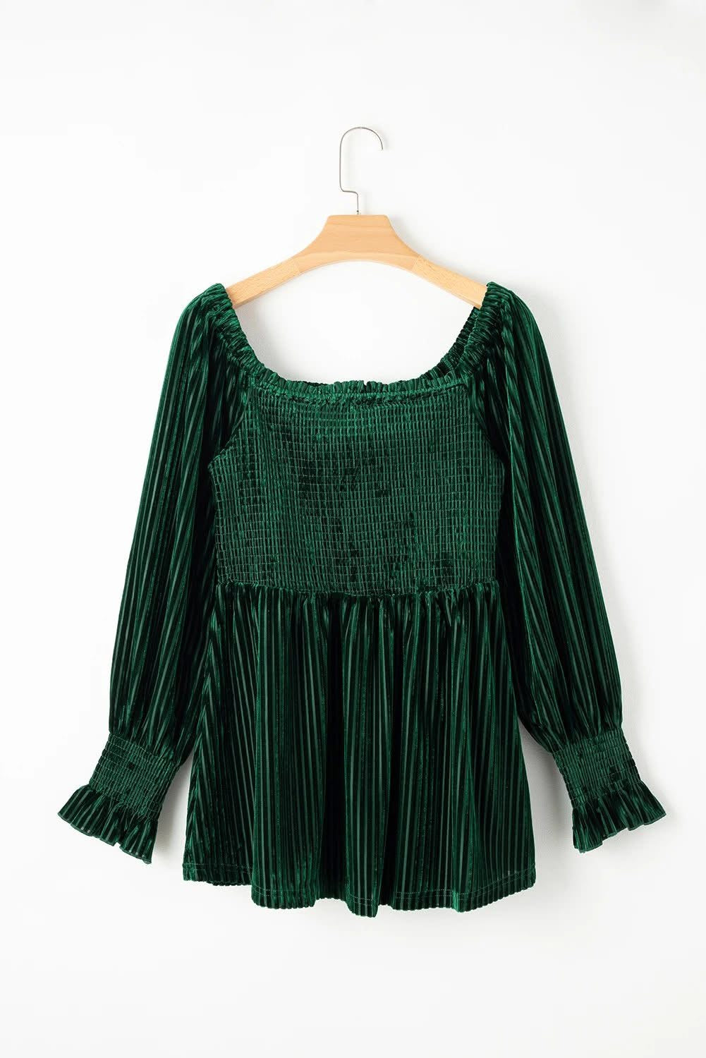 Green Smocked Ribbed Velvet Babydoll Top