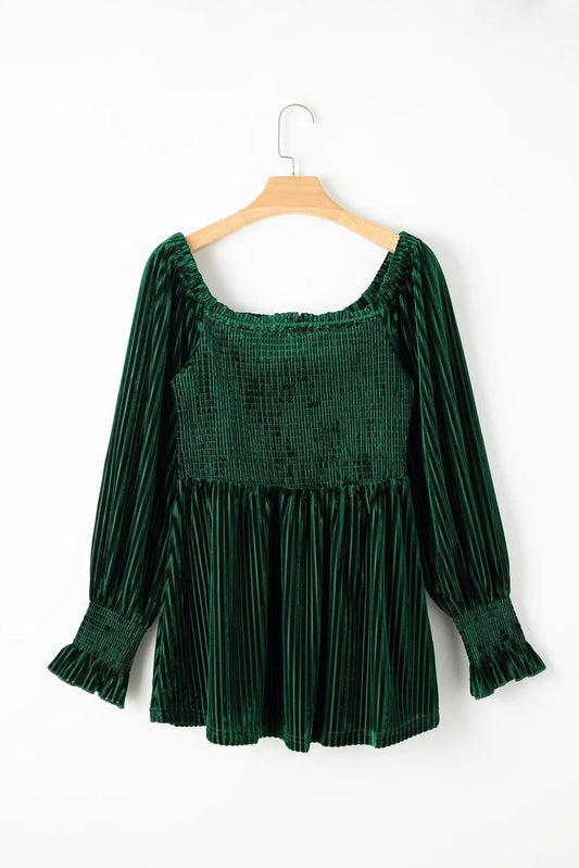 Green Smocked Ribbed Velvet Babydoll Top