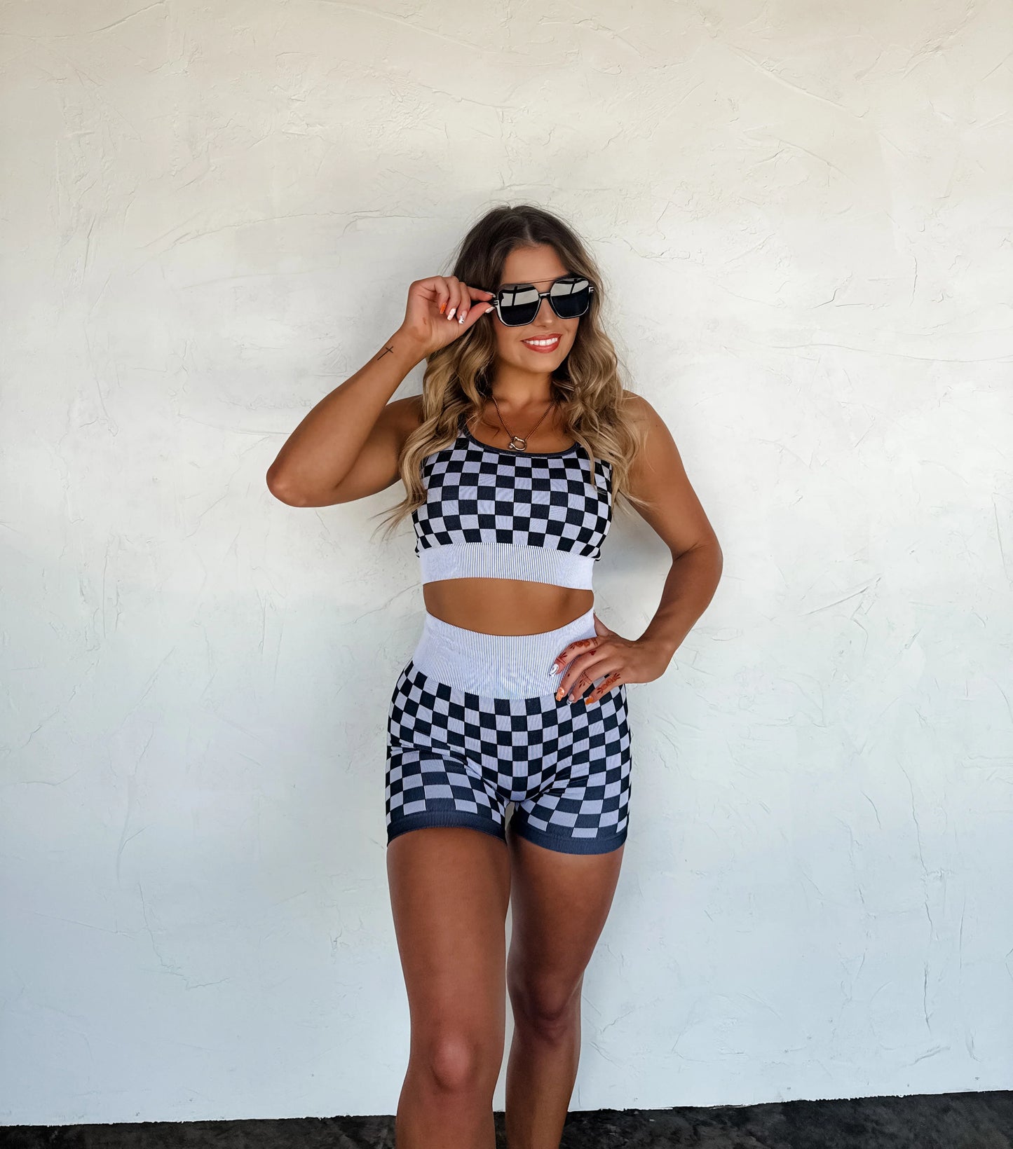 Black Checker Bra & Biker Short Set