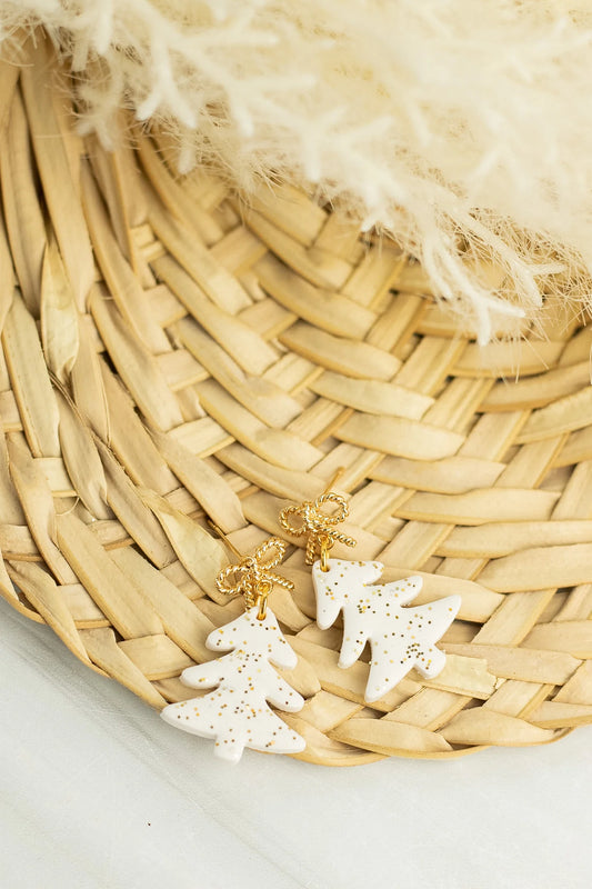 *PREORDER* White Glitter Tree Bow Dangle Earrings