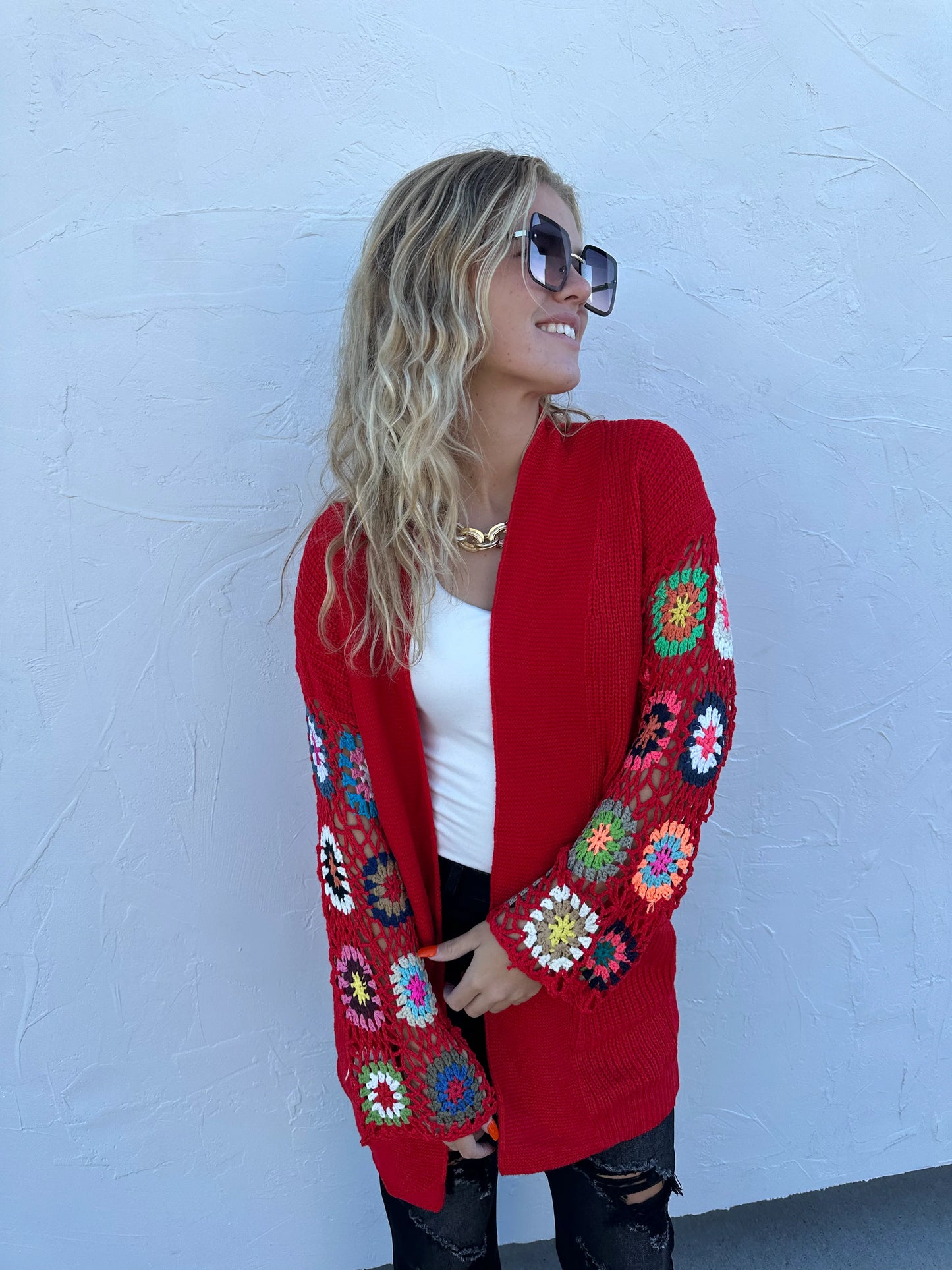 Jacey Red Crochet Cardigan