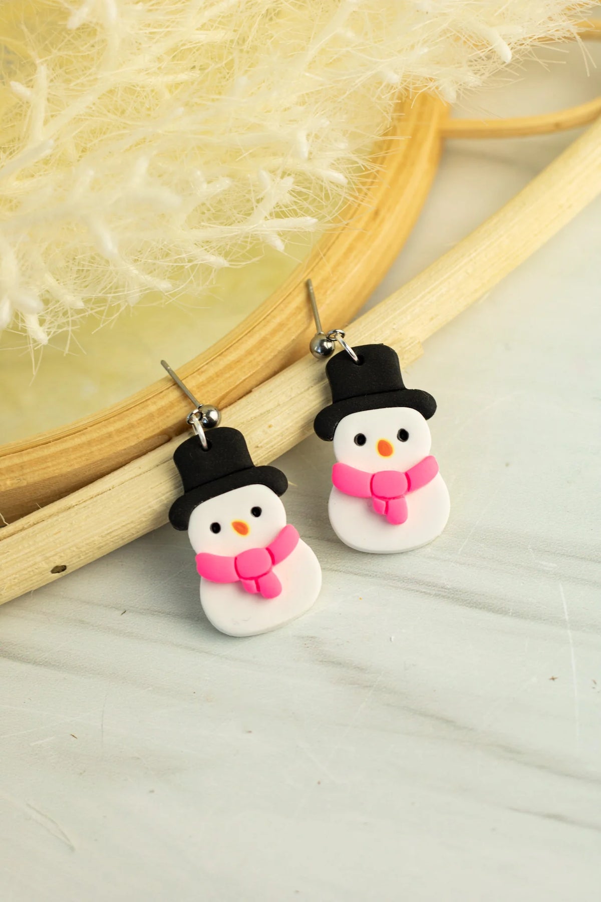 *PREORDER* Pink Scarf Snowman Earrings