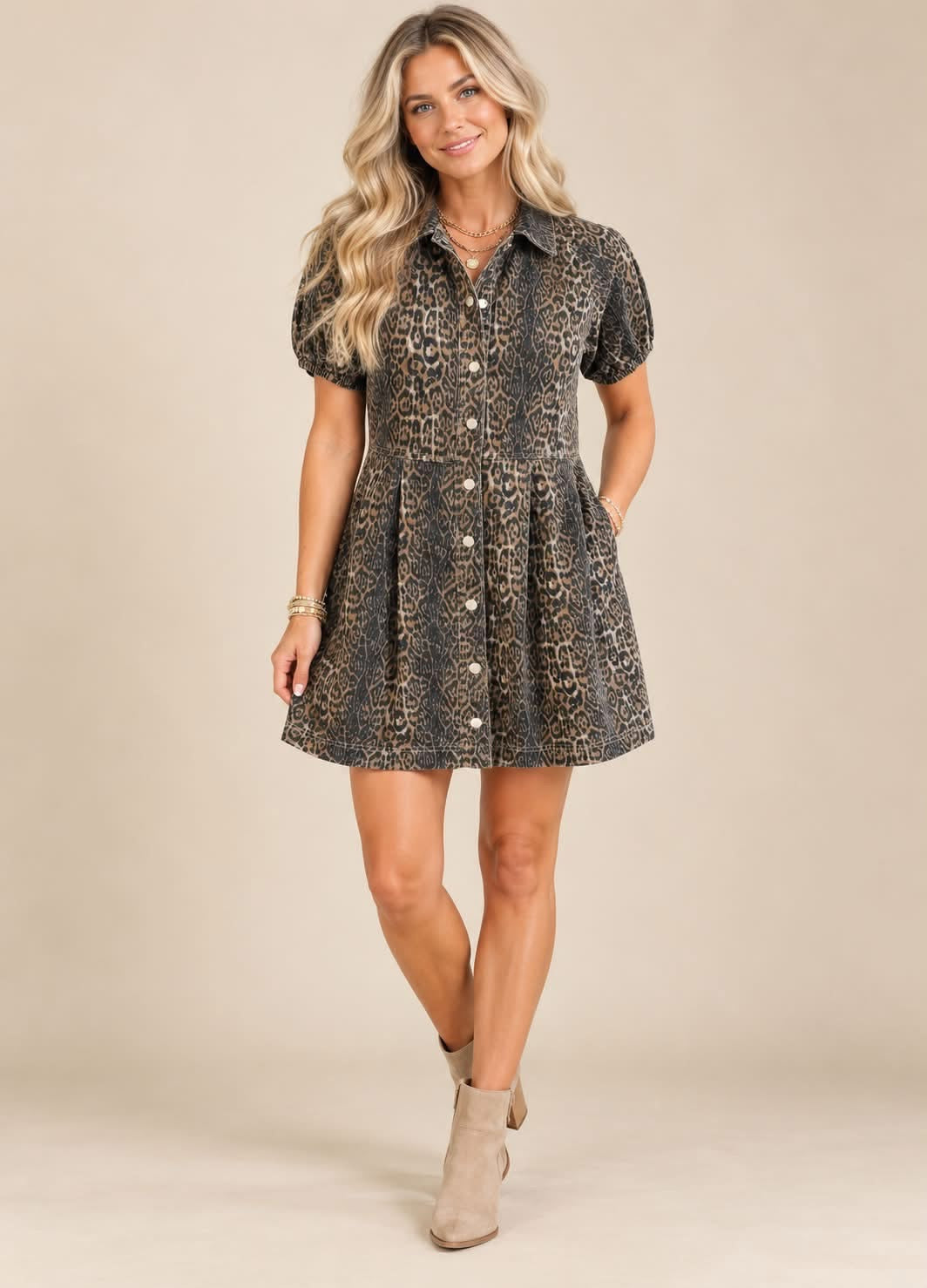 *PREORDER* Leopard Pleated Denim Dress