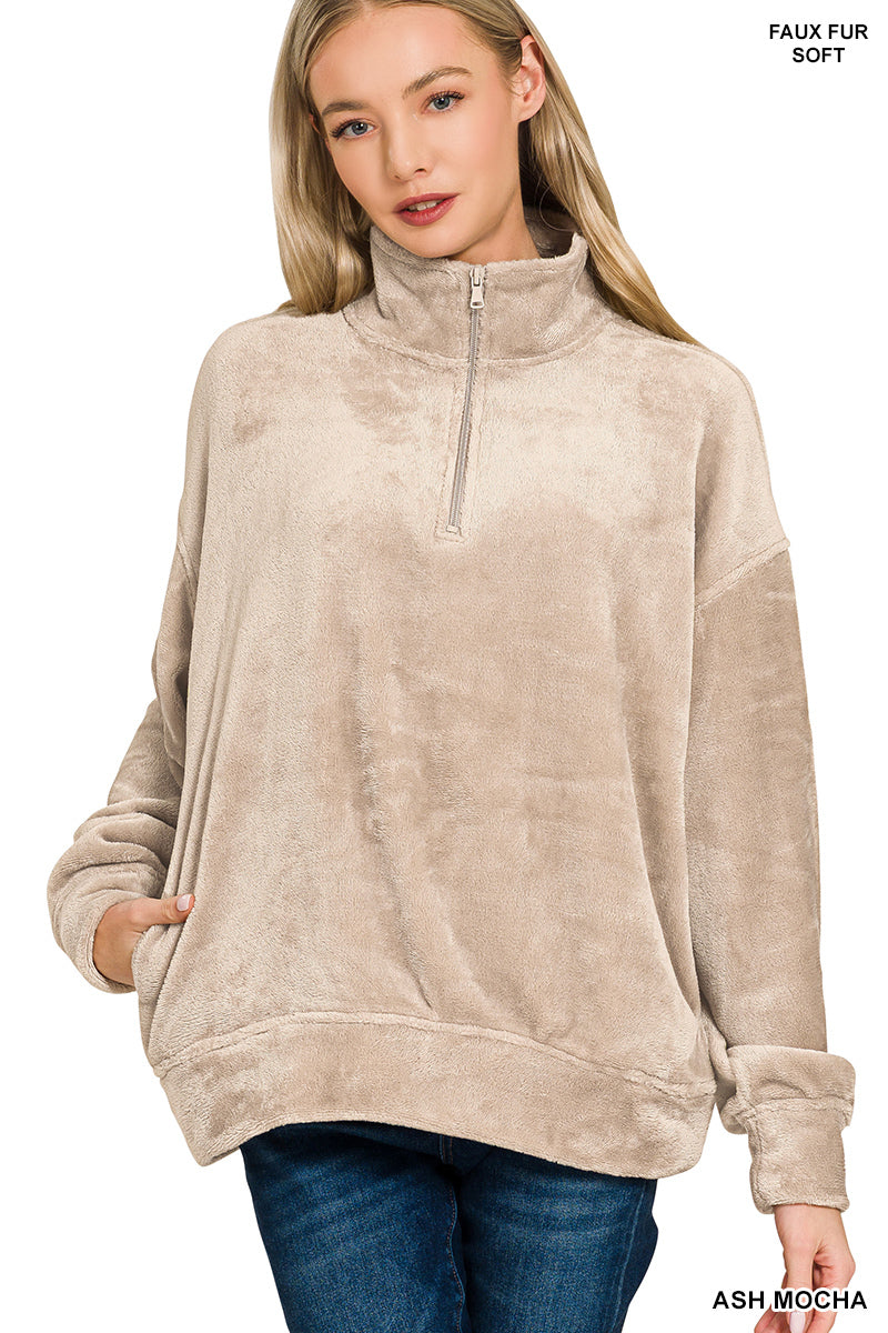 Ash Mocha Faux Fur Half Zip Pullover