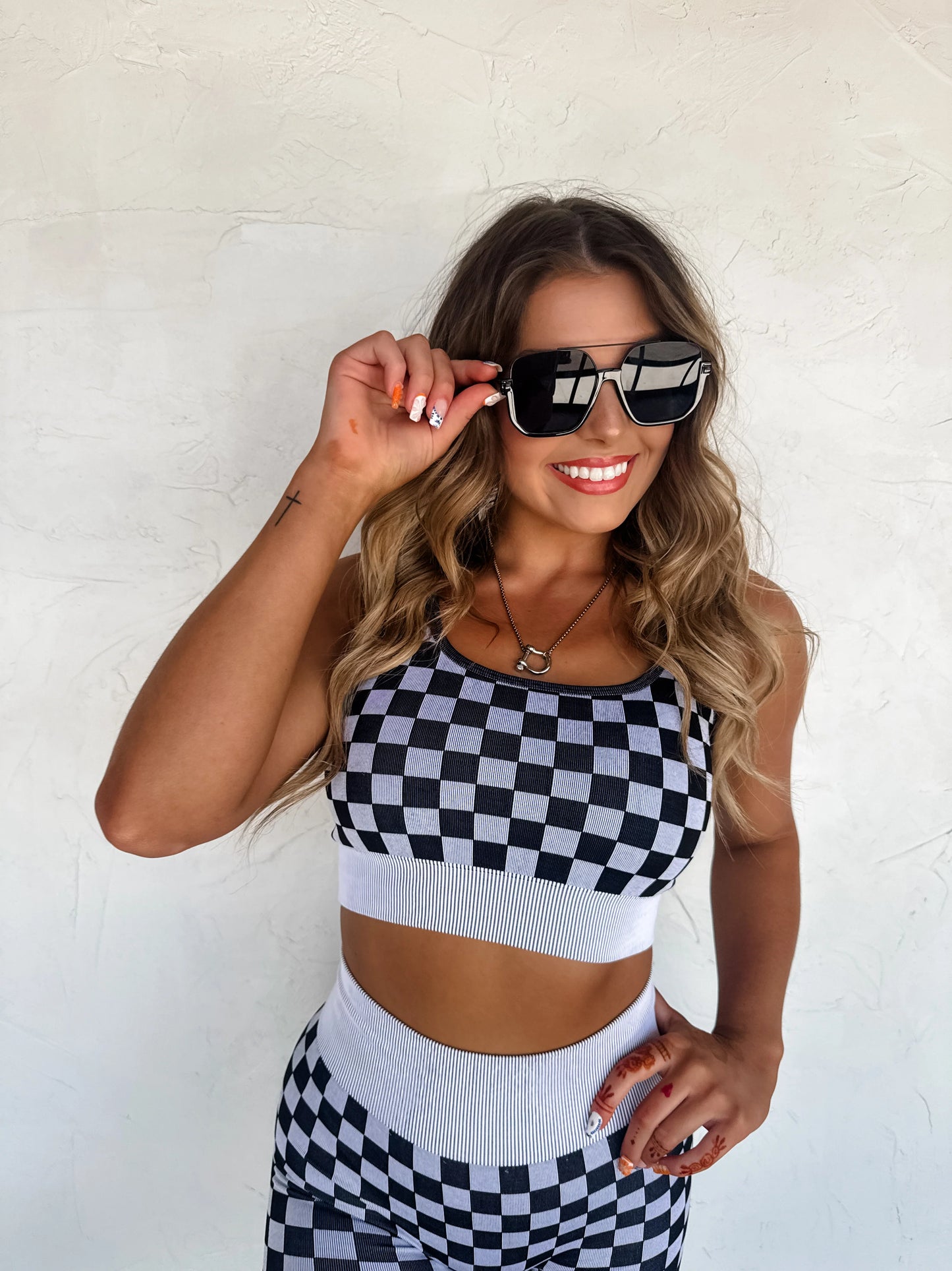 Black Checker Bra & Biker Short Set