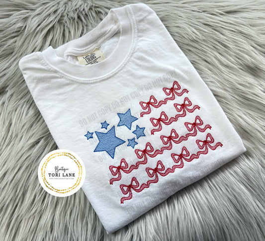American Flag With Bows Embroidery Tee/Sweatshirt