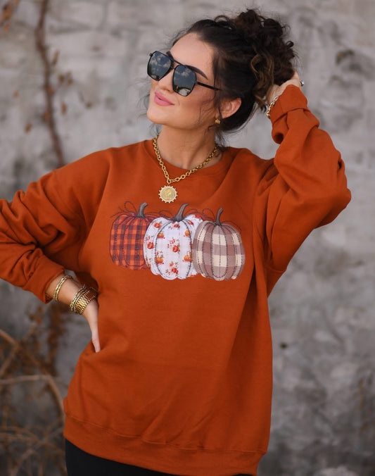 Plaid Floral Pumpkins Graphic Sweatshirt