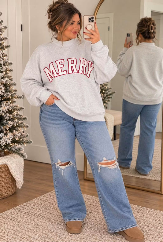 *PREORDER* Plus+ Grey Embroidered MERRY Sweatshirt