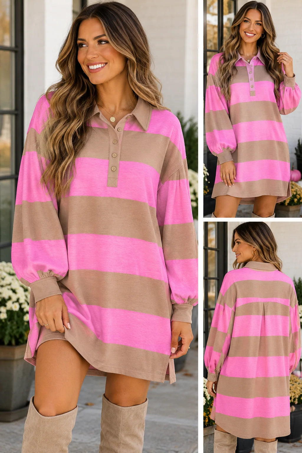 *PREORDER* Rose Stripe Button Long Sleeve Dress